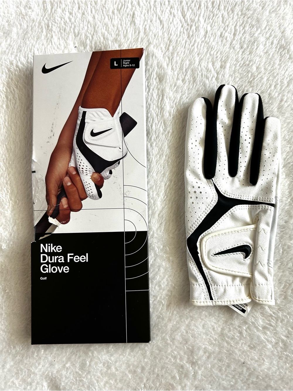 Nike Junior Golf Glove Size L Right Hand Single Dura Feel White Ages 8-12